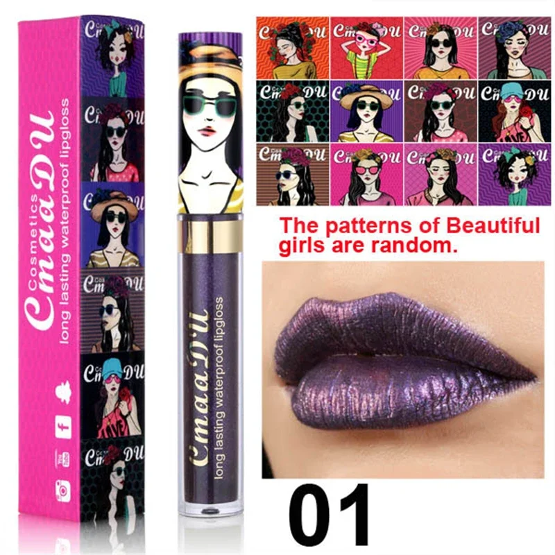 Cmaadu brillo de labios brillante, tinte de labios de brillo de diamante, resistente al agua, 12 colores, brillo de labios dorado, maquillaje de lápiz labial líquido