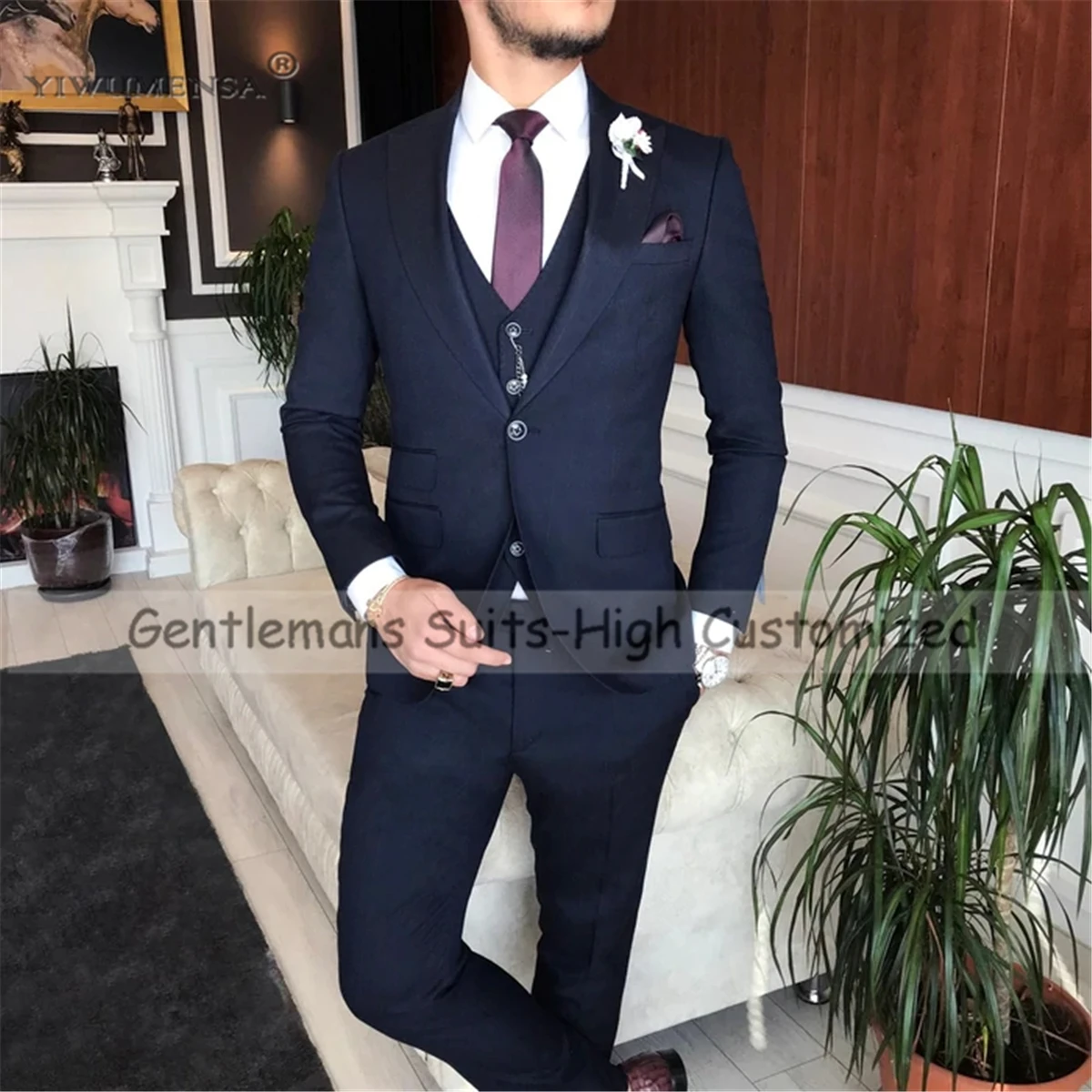 

Классические однобортные мужские костюмы на свадьбу, комплект из трех предметов, мужские смокинги для банкета, индивидуальное платье для жениха, ужина, ropa hombre