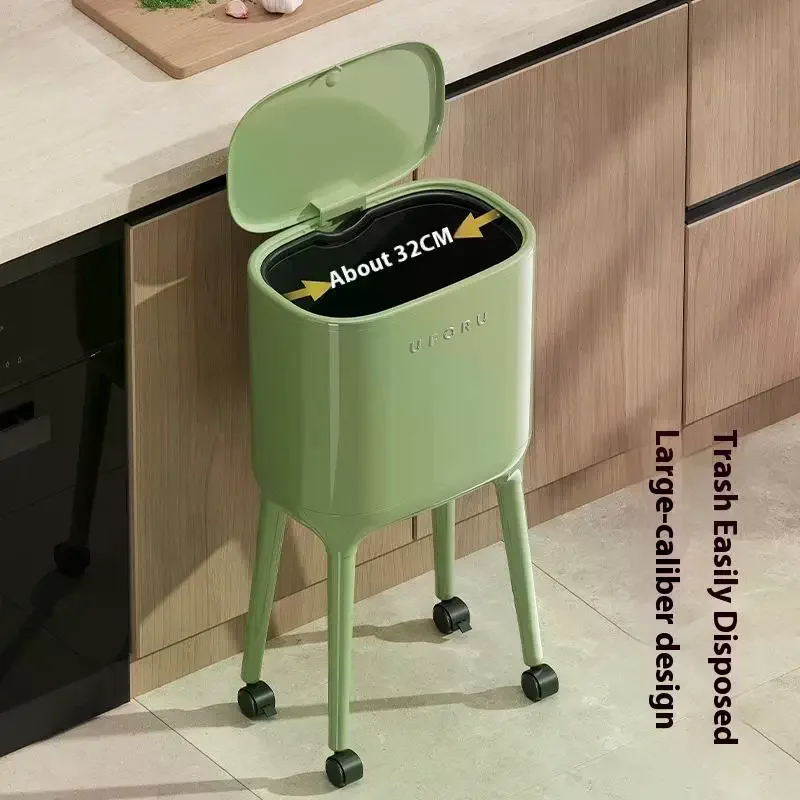 No-Bend High-Leg Trash Can With Press-to-Open Lid - Large Capacity Oval Kitchen & Living Room Bin, Durable Plastic
