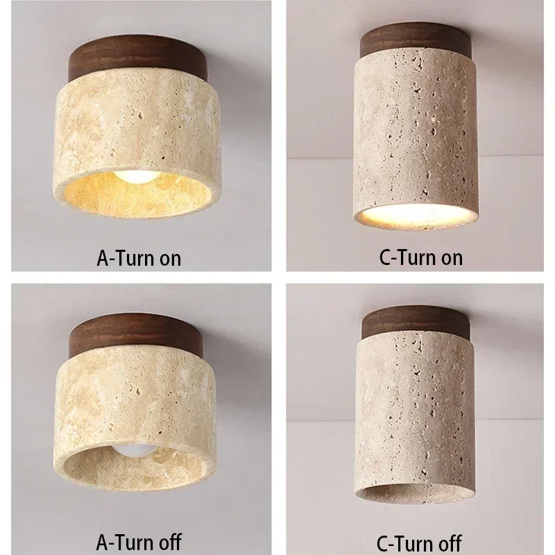 Limestone embedded ceiling light, modern cylindrical ceiling light, rural stone and wood fixtures near the ceiling