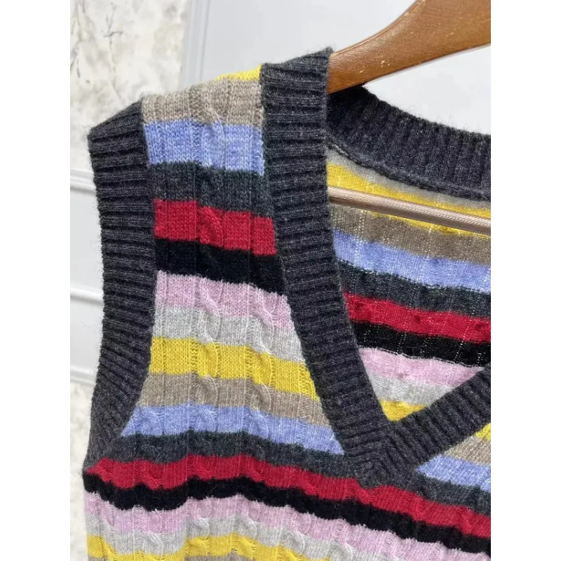 LUXURY Women 2024 Early Autumn New Wool Blended Striped Contrast Color Retro Lace Slim Knitted Cardigan/Ves