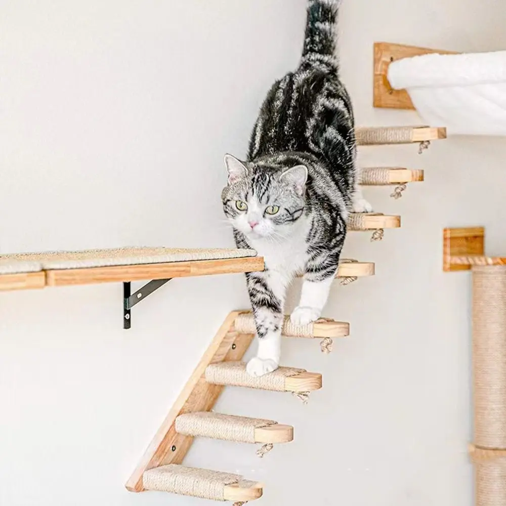 Solid Wood Cat Climbing Shelf Steps Space Saving Reversible Cat Steps Ladder Wall Mounted with Sisal Rope Cat Climbing Structure