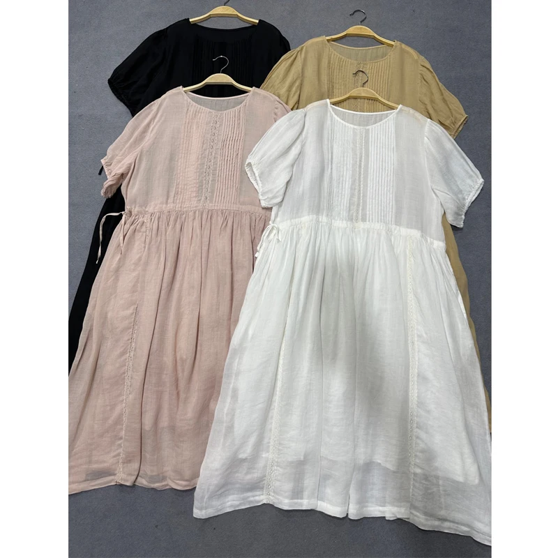 Johnature Japanese Ramie Solid Color Short Sleeve Dress Women Summer 2024 New Lace Round Neck Side Tie Casual Vintage Dresses