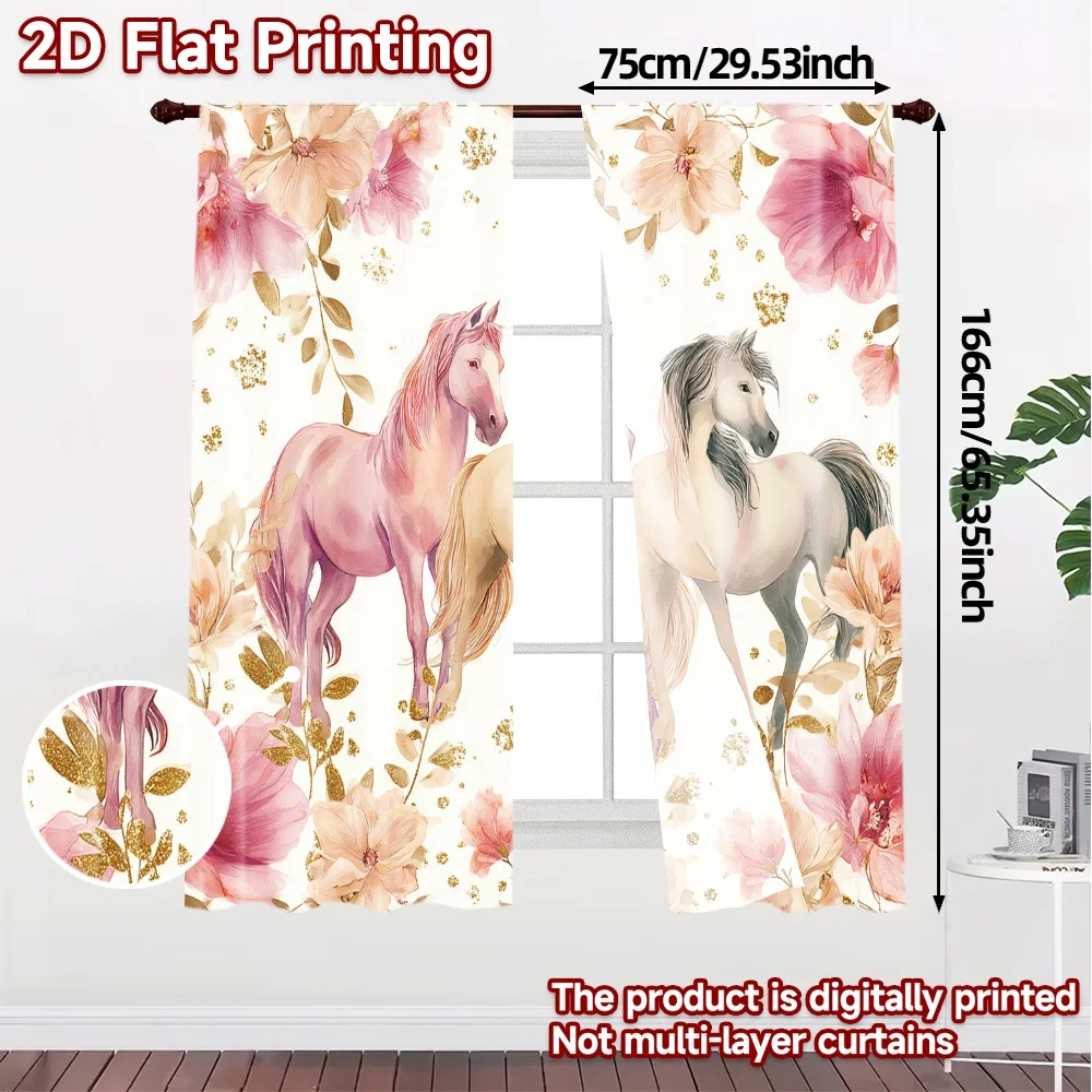 2D Flat Printing,JIT 2pcs, Curtains (Without Rod) Equine Celebration Modern Curtain Modern Machine Washable Fabric Curtains