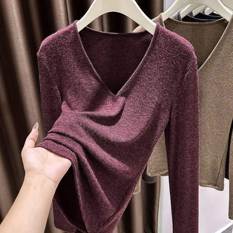 

Women Clothing V Neck Long Sleeve Simplicity Temperament Tops Tees Autumn Winter All-match Youth Casual T Shirts Fashion Vintage