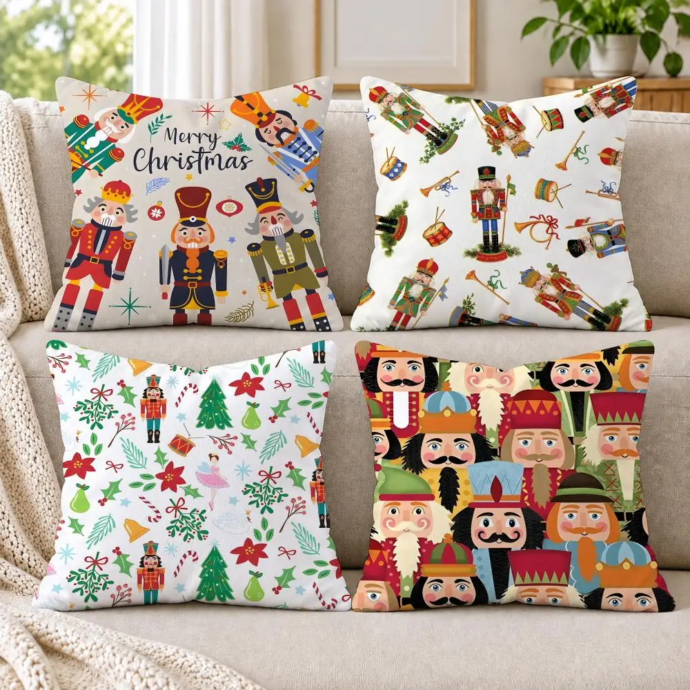 Nutcracker Soldier Christmas Cushion Cover Short Plush Double-Sided Printing Sofa Bedroom Pillow Case Aesthetic Home Decor