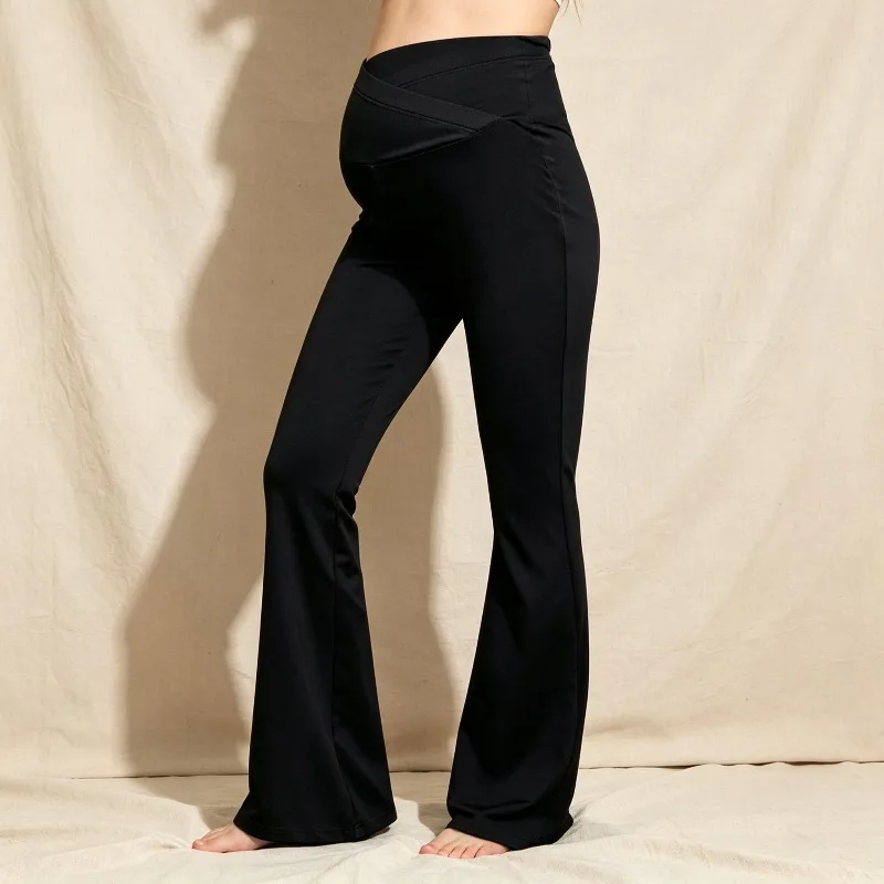 Pregnancy Yoga Flare Pants with Cross Belly Panel High Waist Slimming Trousers Soft Stretchy Maternity Leggings for Fall Winter