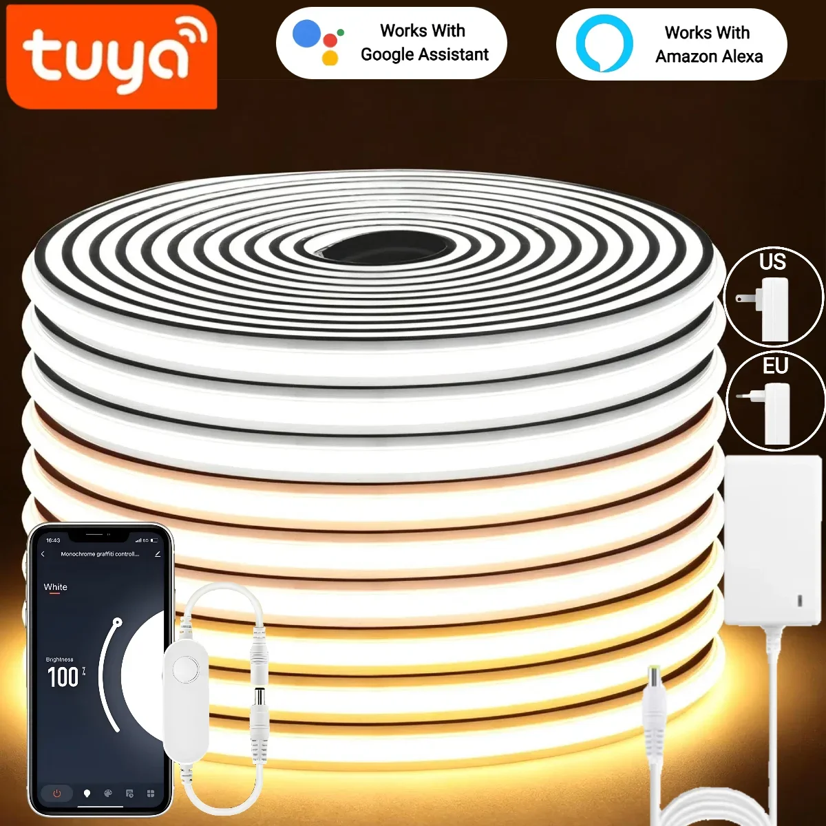 Smart Solid Silicone COB LED Neon Light, Tuya APP & Alexa/Google Home APP Voice Control, 3 Color Temperature Dimmable Strip