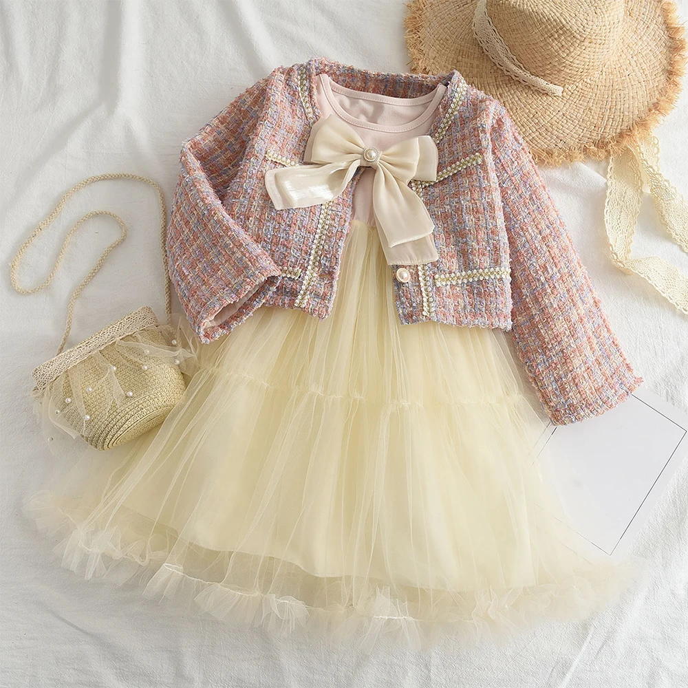 

Menoea Dress Set 2023 Spring And Autumn New Children's Round Neck Spliced Mesh Dress+Bowtie Plaid Coat Two Piece Set