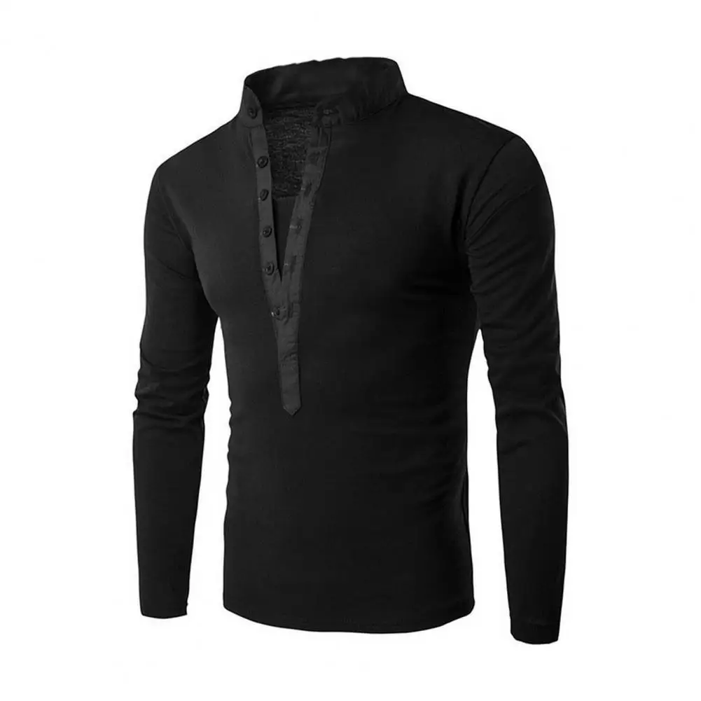 Fall Spring Men Top Solid Color Breathable Long Sleeve Casual Pullover Top Slim Fit Stand Collar Half Button Clsoure Men Shirt