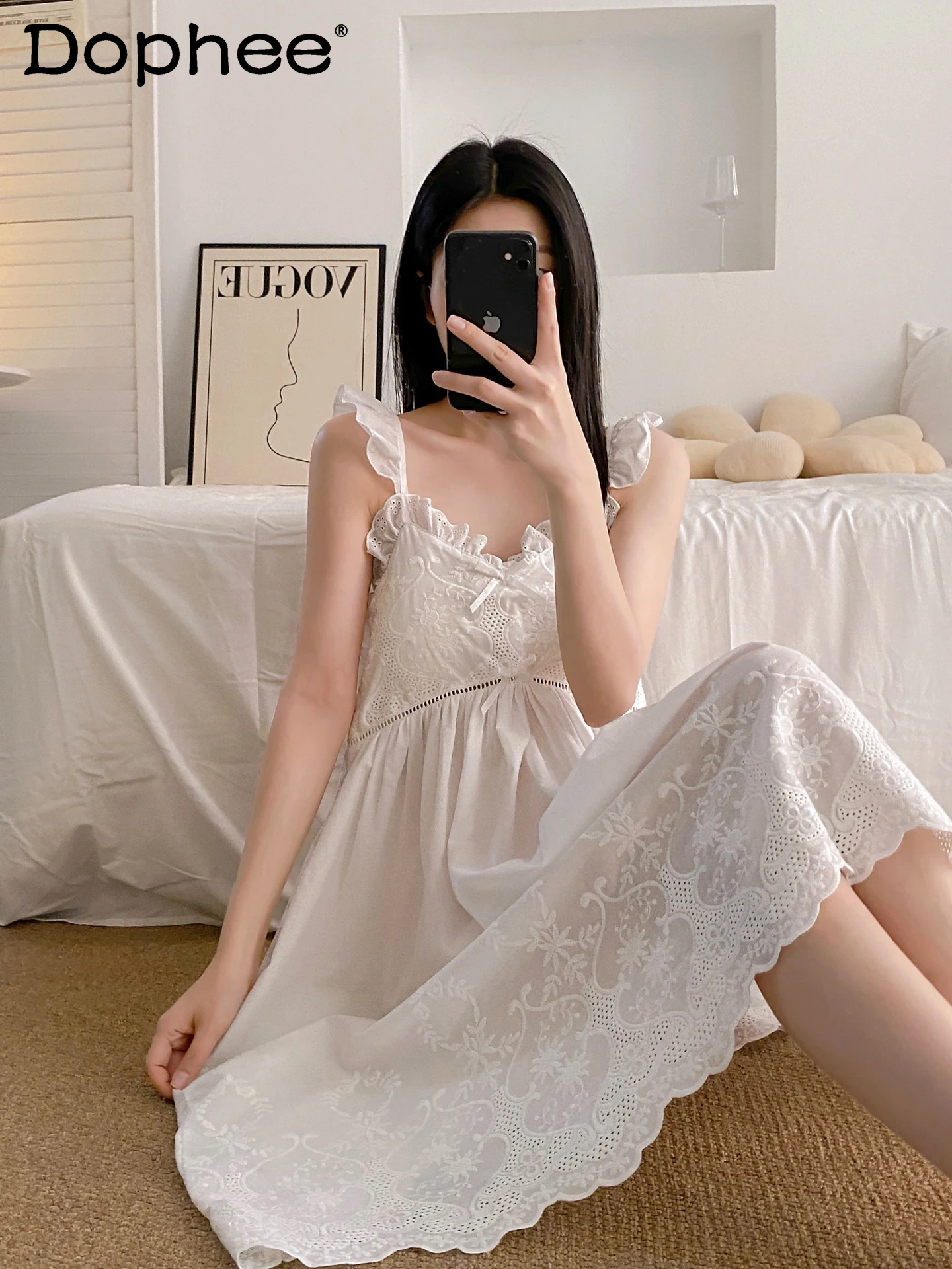 Sweet Fairy Style Thin Summer New Cotton Suspender Nightdress French Casual White First Love Lace Loungewear