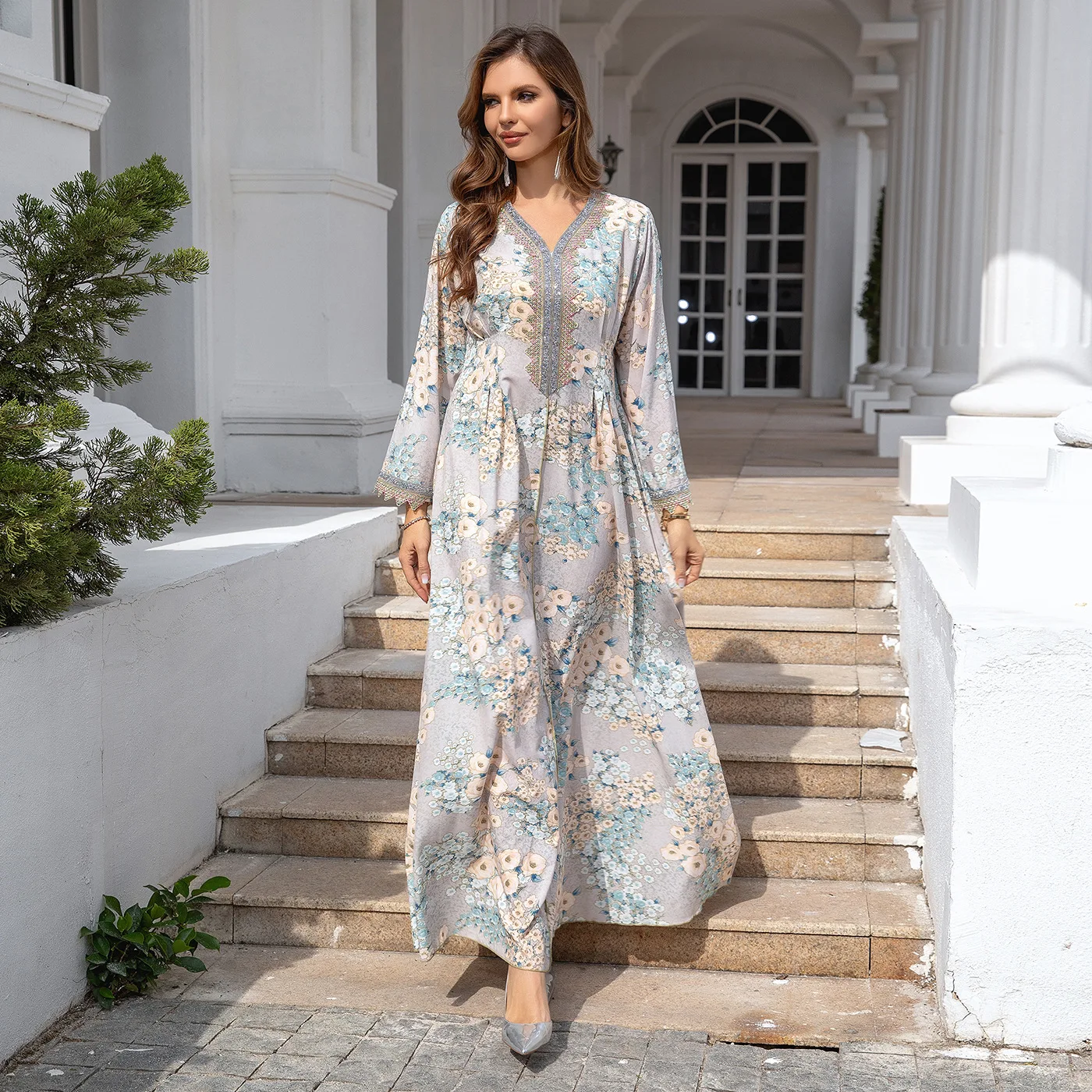 

Elegant Dubai Abaya Muslim Dress Printed Loose Fit Evening Gown Islamic Maxi Robe Women Party FreeShip