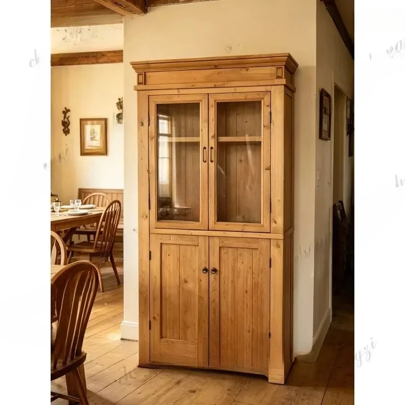 Solid wood pine wine cabinet restaurant display cabinet glass door storage dustproof custom bookcase