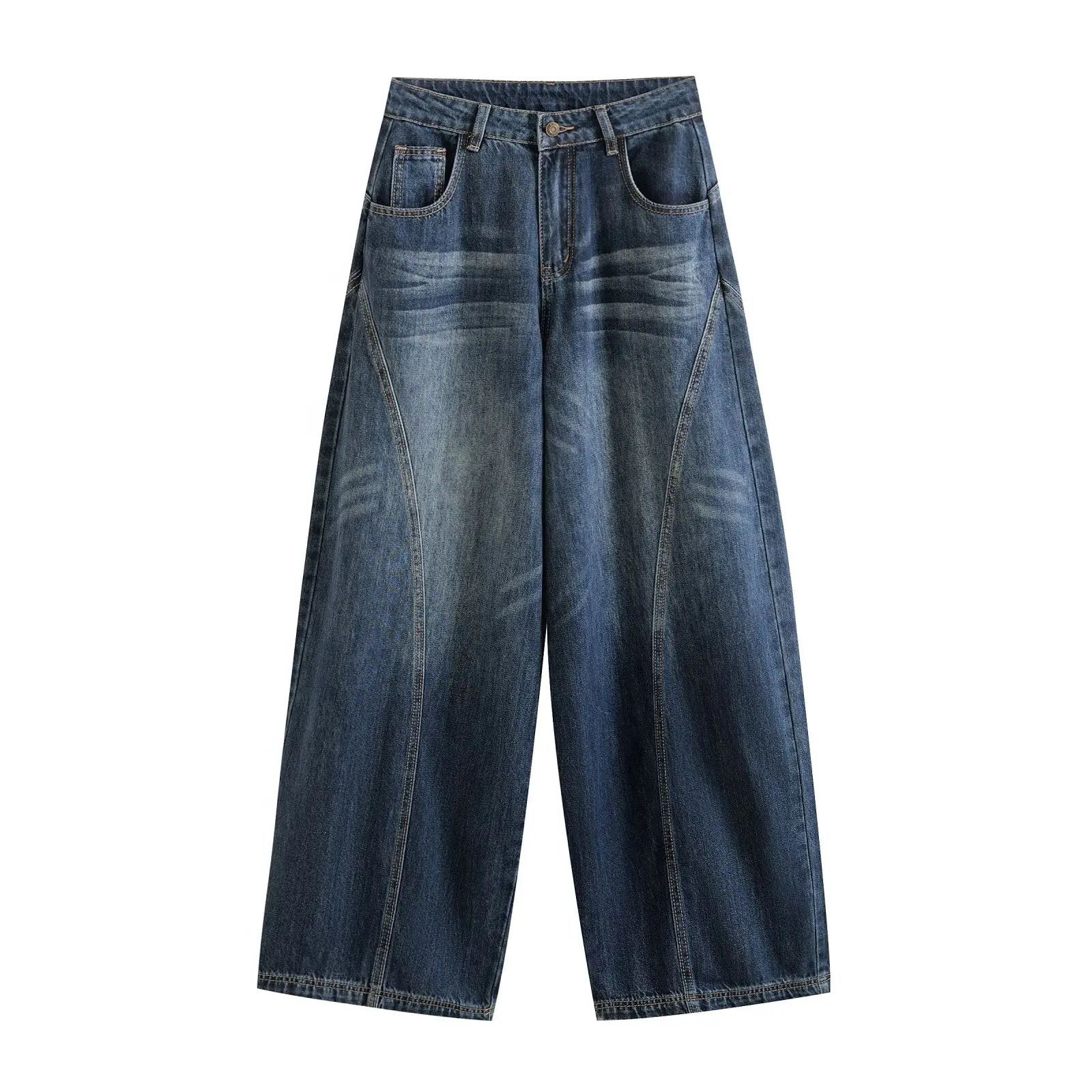 Street Style High Waist Loose Fitting Bodycon Wide Leg Denim Jeans Washed Casual Patchwork Long Trousers for Women