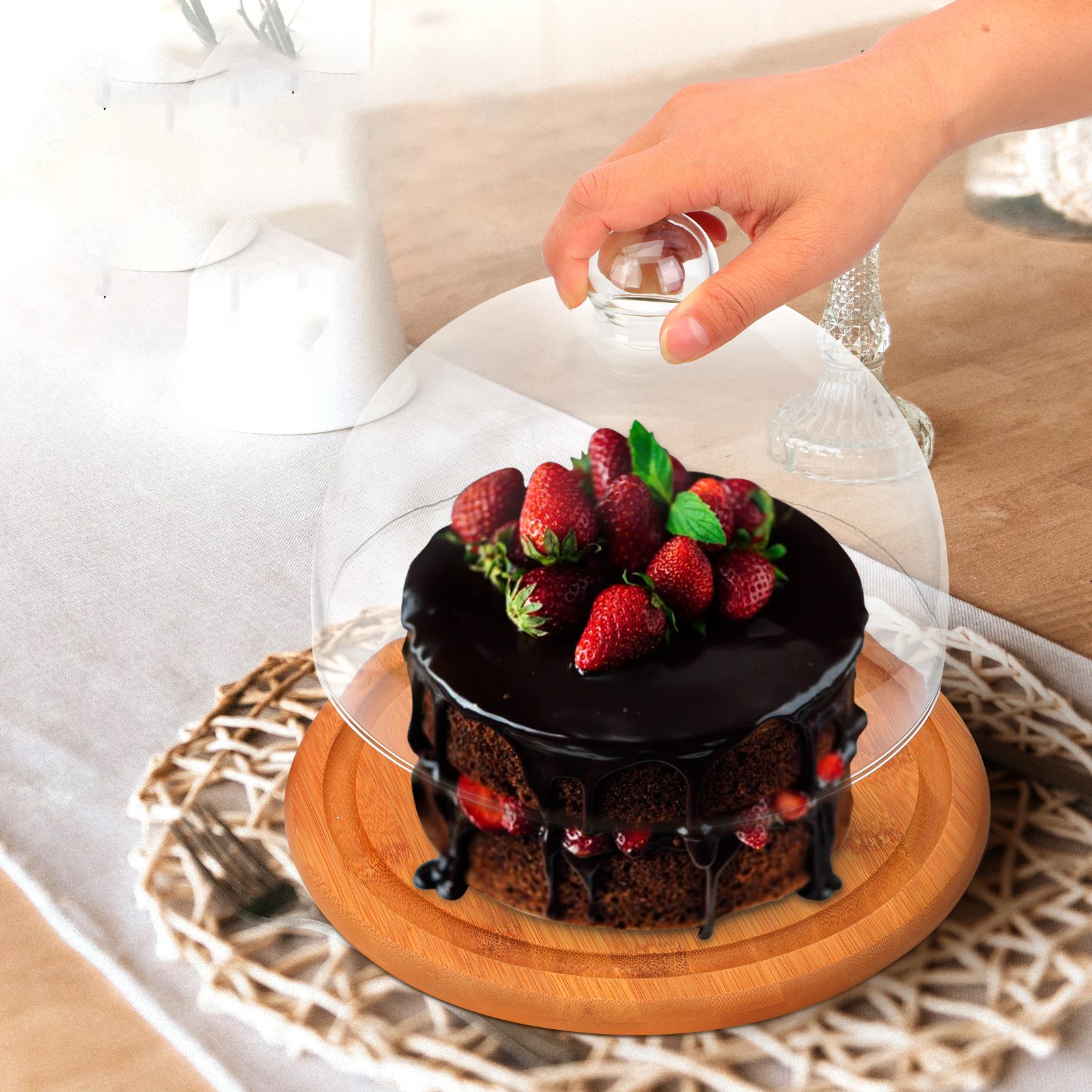 

1 Set Glass Cake Cover With Wood Fruit Tray Transparent Dust-Proof Pastry Tray For Home Baking Serving Dessert Protection Cake