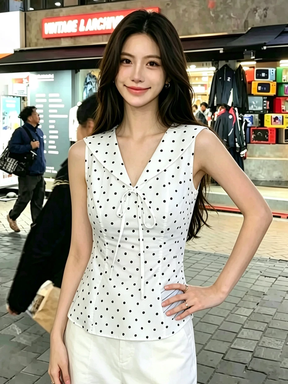 Polka Dot Naval Collar Sleeveless Vest Women's Outerwear Summer V-neck Waist-cinching Unique Beautiful Chiffon Top