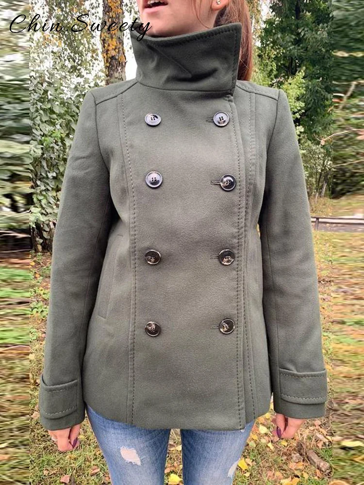 

Элегантная женская двубортная куртка с воротником-стойкой, свободное однотонное пальто с длинными рукавами и карманами, осень-зима 2021, женская шикарная верхняя одежда