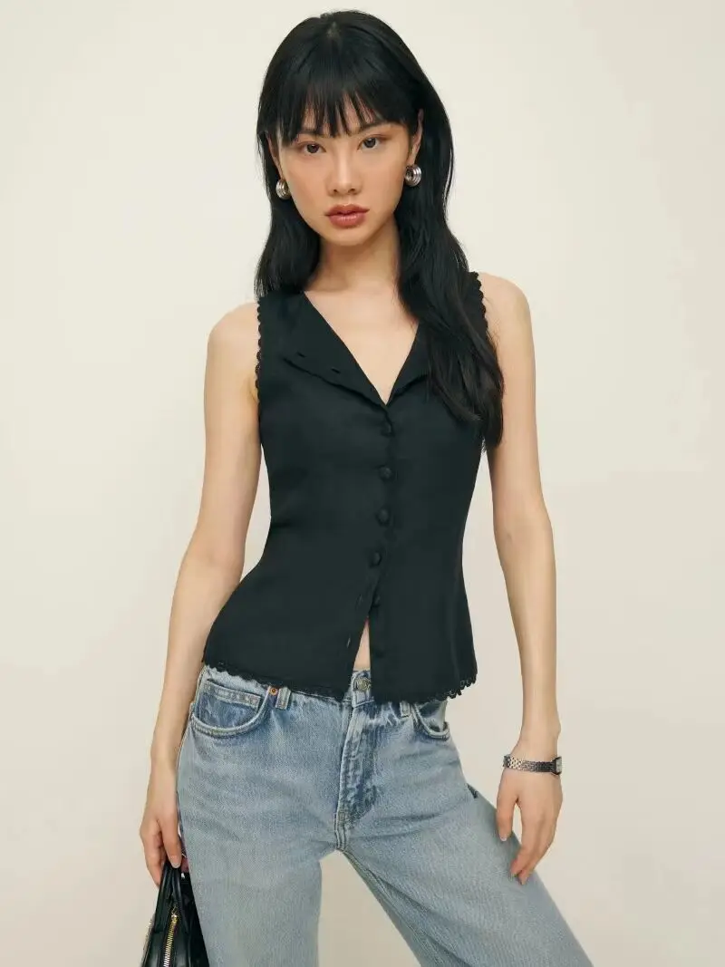 French style linen breathable black lace trim slim fit vest top with elastic waist shorts set