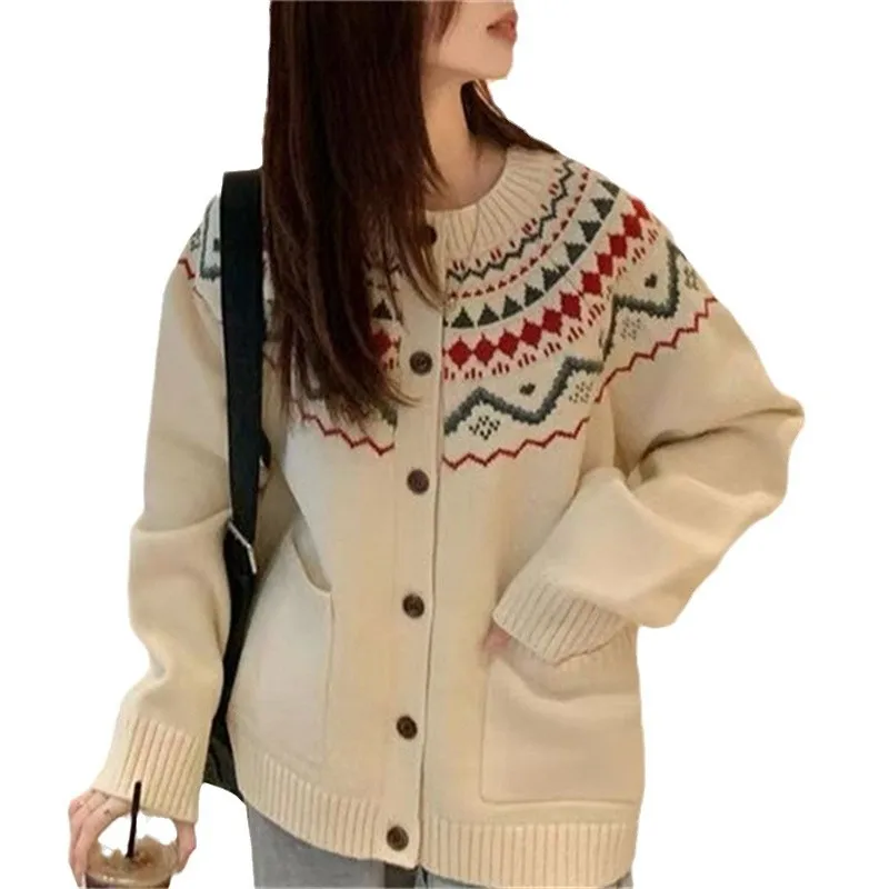 ใหม่สไตล์ขี้เกียจเสื้อสเวตเตอร์ถักวรรณกรรมลูกเรือคอถักเสื้อกันหนาวผู้หญิงเสื้อแจ็คเก็ตอเนกประสงค์