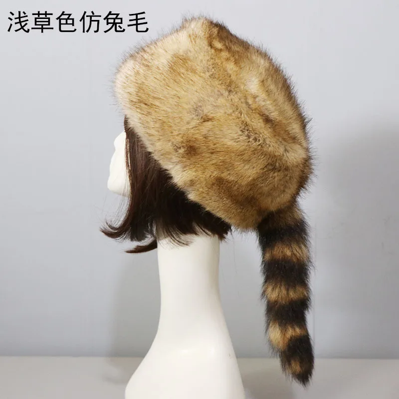 2023 New Faux Raccoon Fur Hat Long Tails Design Cute Hats 100% High Quality Russian Beanies Winter Luxury Mongolian Ski Caps