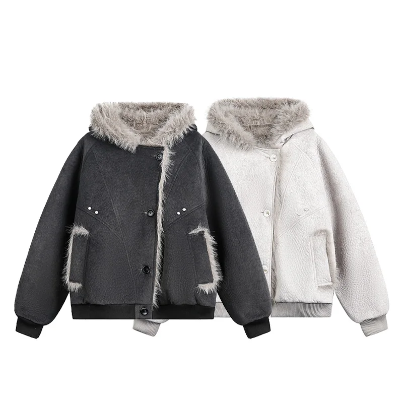 الشتاء الداخلية الفراء طوق مقنعين سترة الرجال الشارع الشهير خمر موضة فضفاضة عادية سميكة الدافئة قصيرة Bomber سترة صديقها معطف