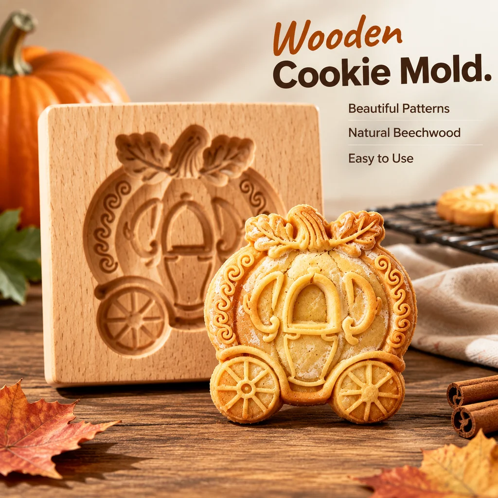 Wooden Cookie Mold Press for Baking 3D Carved Beechwood Gingerbread Stamp Halloween Pumpkin Ghost Embossing Cookie Cutter Mold