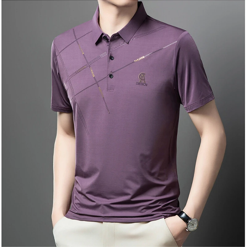 2024 New Men's High-end Ice Silk Polo Shirt Short Sleeved T-shirt Summer Business Casual Loose Top T-shirt