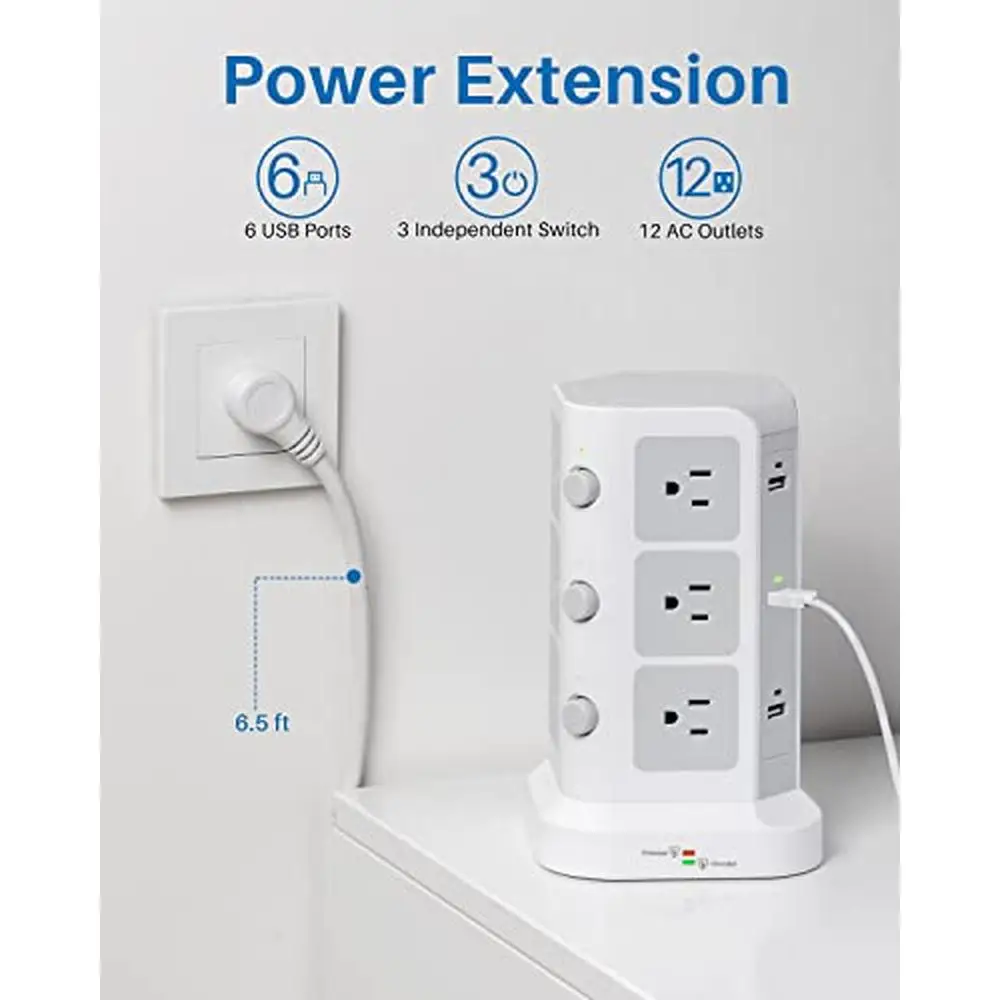 Power Strip Tower Surge Protector 12 AC Outlets 6 USB Ports 18-IN-1 Individual Switch Design Heavy-Duty 2M Cord 1500J Surge