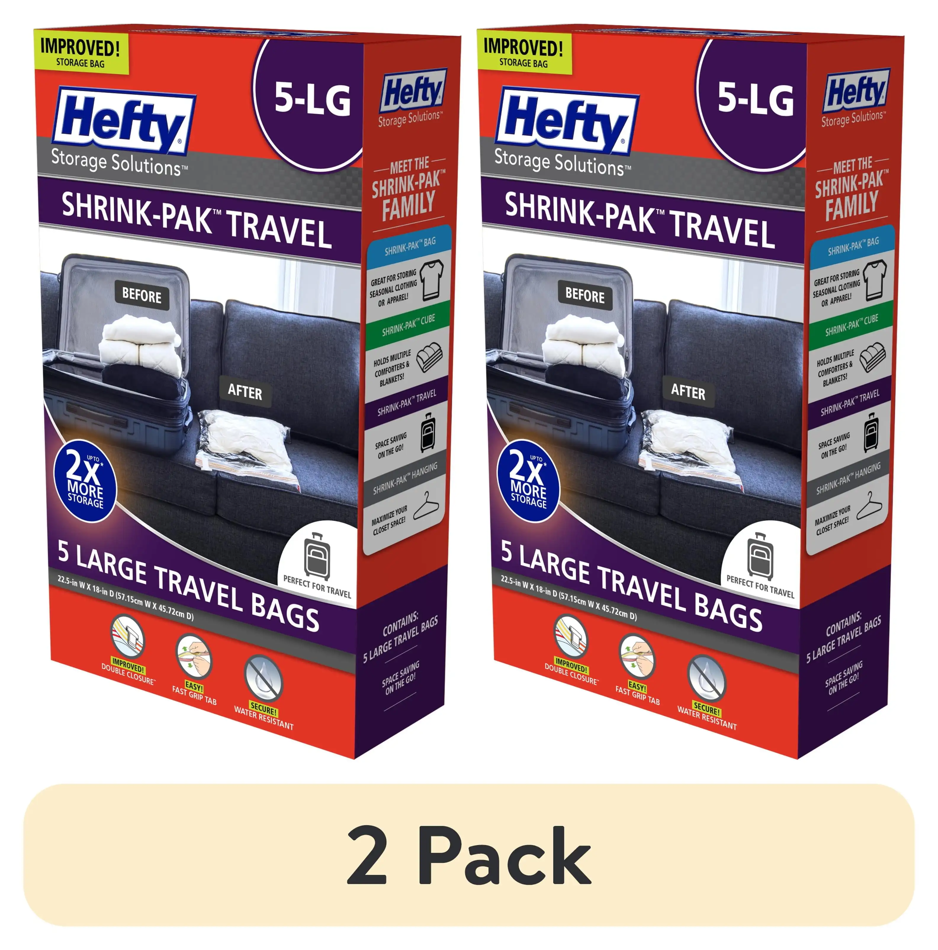 

(2 pack) Hefty SHRINK-PAK 5 Large Travel Bags