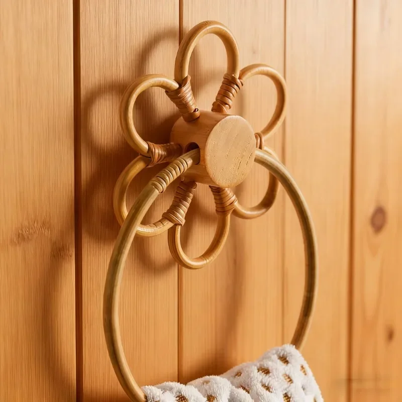 Country Style Handmade Rattan Flower Towel Ring Natural Wall-Mounted Accessory Bathroom Rustic House Interior Decor Supplies