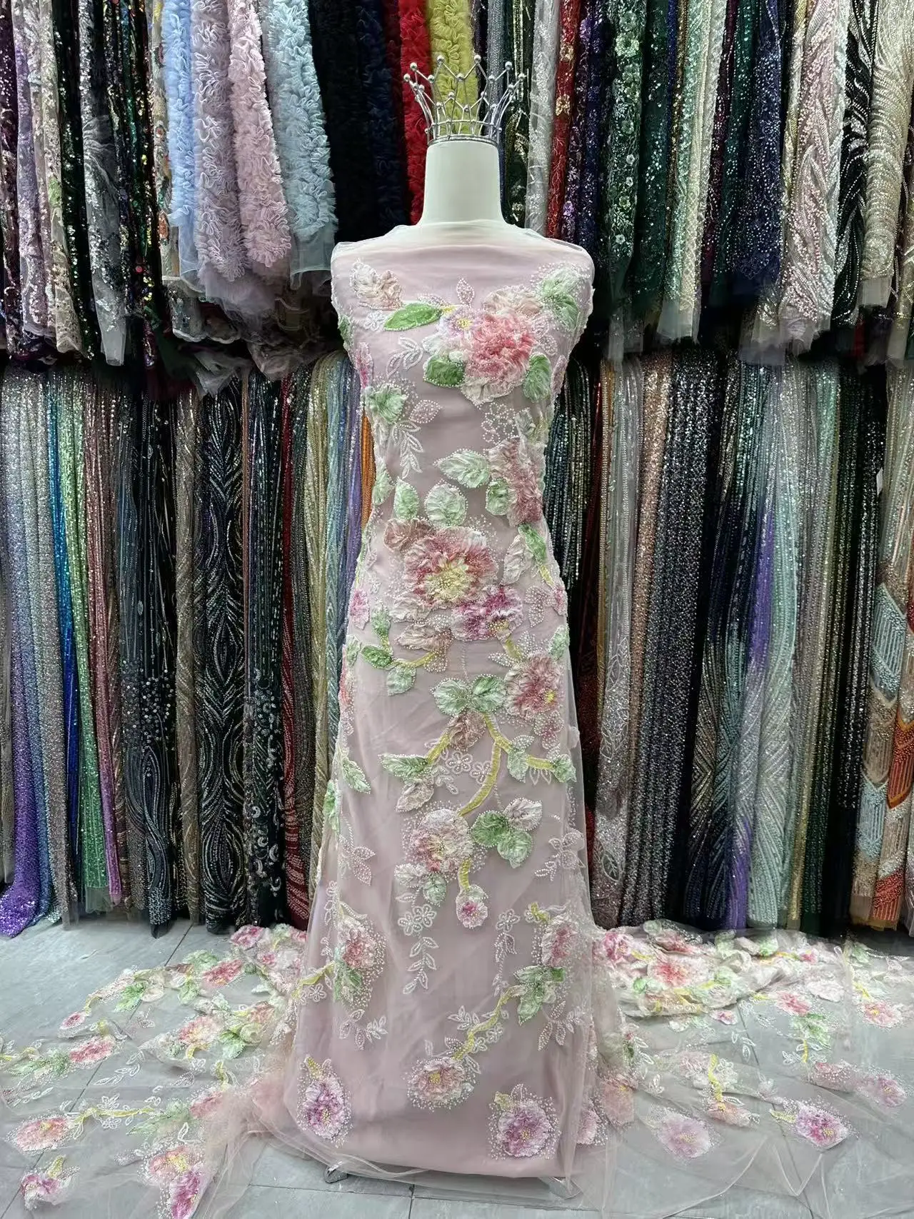 African Sequins Beads Lace Fabric 2025 High Quality 3D Flower French Mesh Tulle Embroidery Wedding Bridal Lace Material AH1376