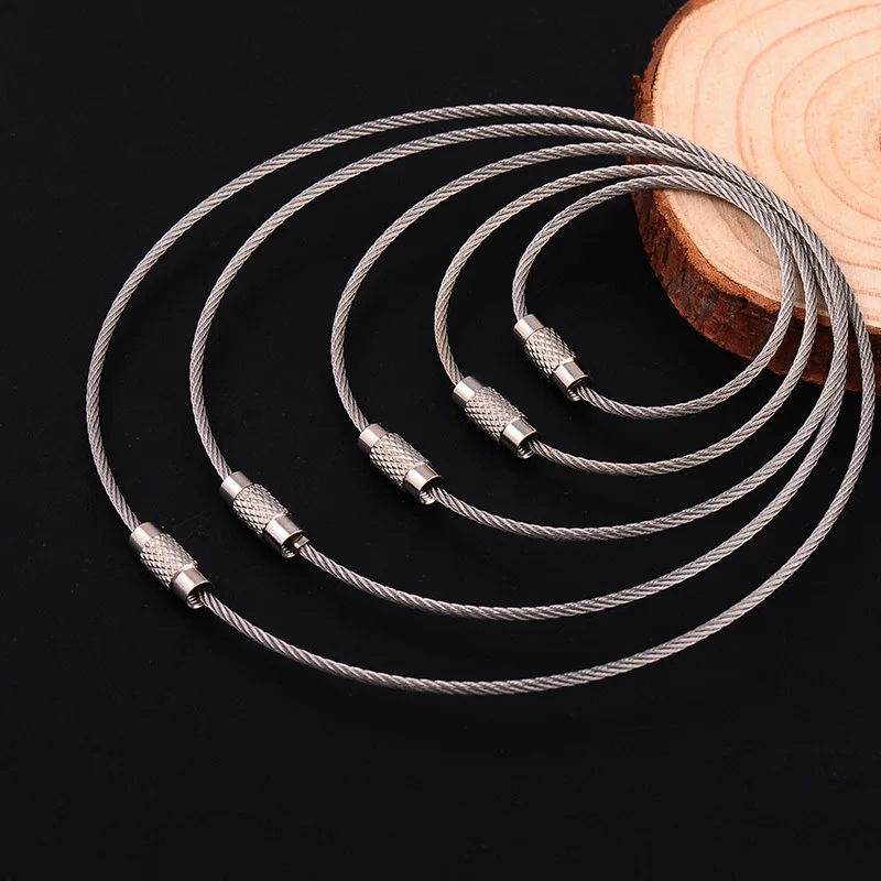 10pcs /lot Stainless Steel Keychain Tag Rope Edc Wire Cable Loop Screw Lock Gadget Ring Key Keyring Diy Hand Supplies