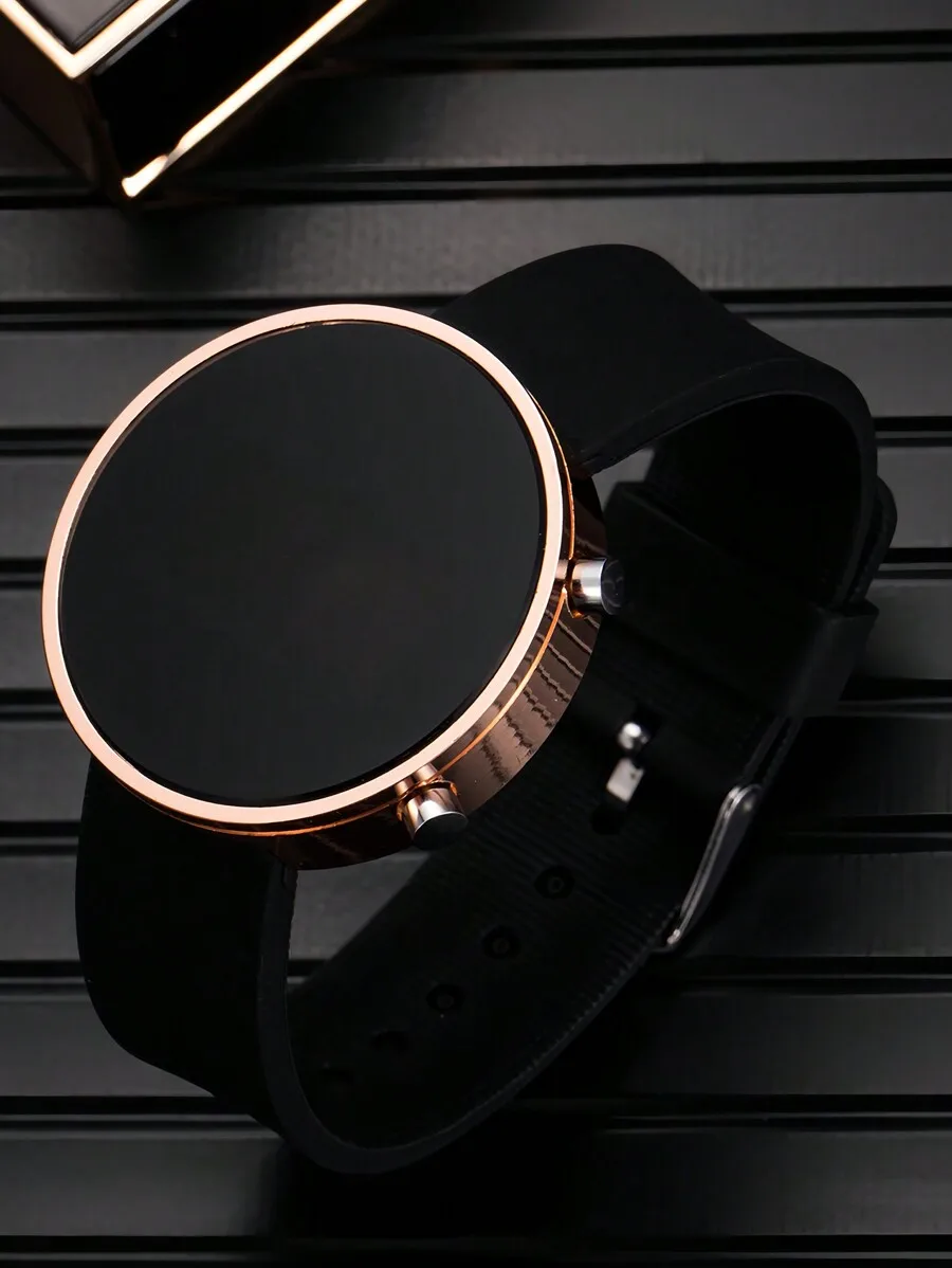

Round LED Electronic Watch With Black Silicone Strap Rose Gold Tone Case Fashion Casual Womens Watch