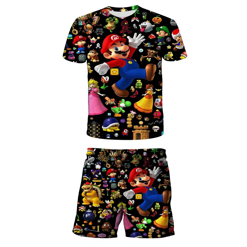 Super Mario Game Anime Peripheral Printing Pattern Boys, Girls and Children's Clothes Cartoon Casual Two-piece Set The Best Gift