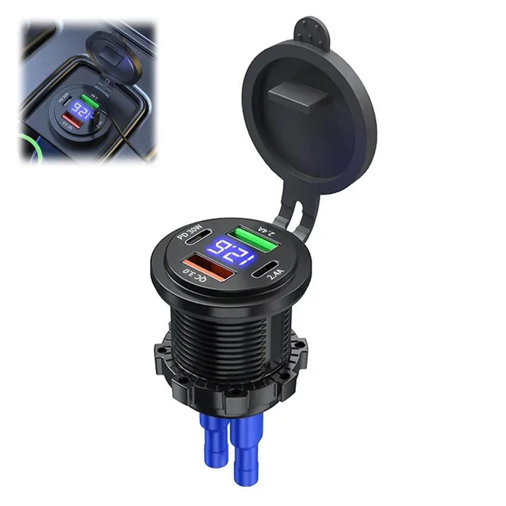 4-Port 60W PD+QC 3.0 Car Charger Socket, 12V-24V With Voltmeter For Motorcycle/Boat Socket Power Outle