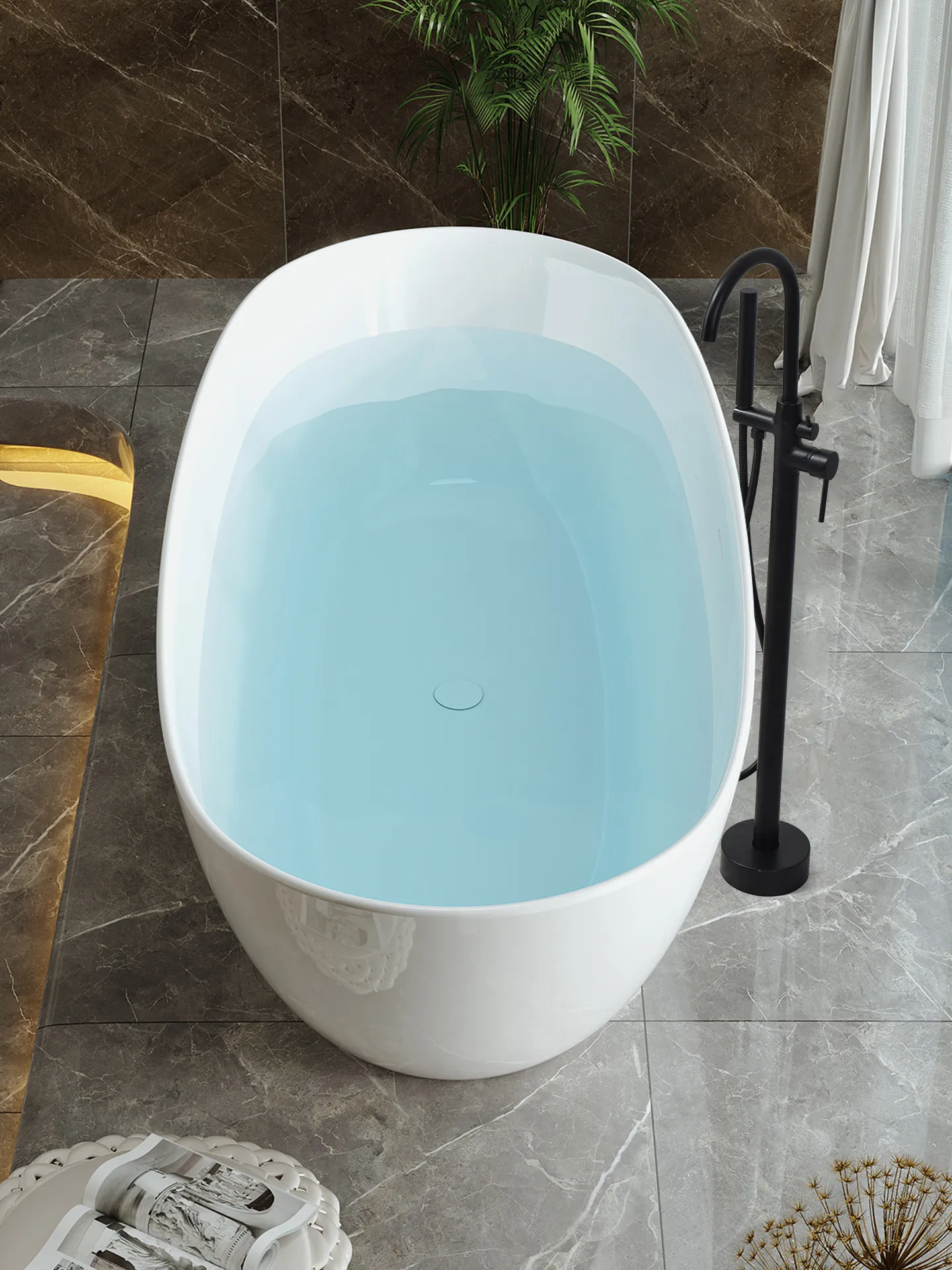 For Thin-Edge Acrylic Bathtub, Oval Freestanding Deep Soak Tub for Small Apartment