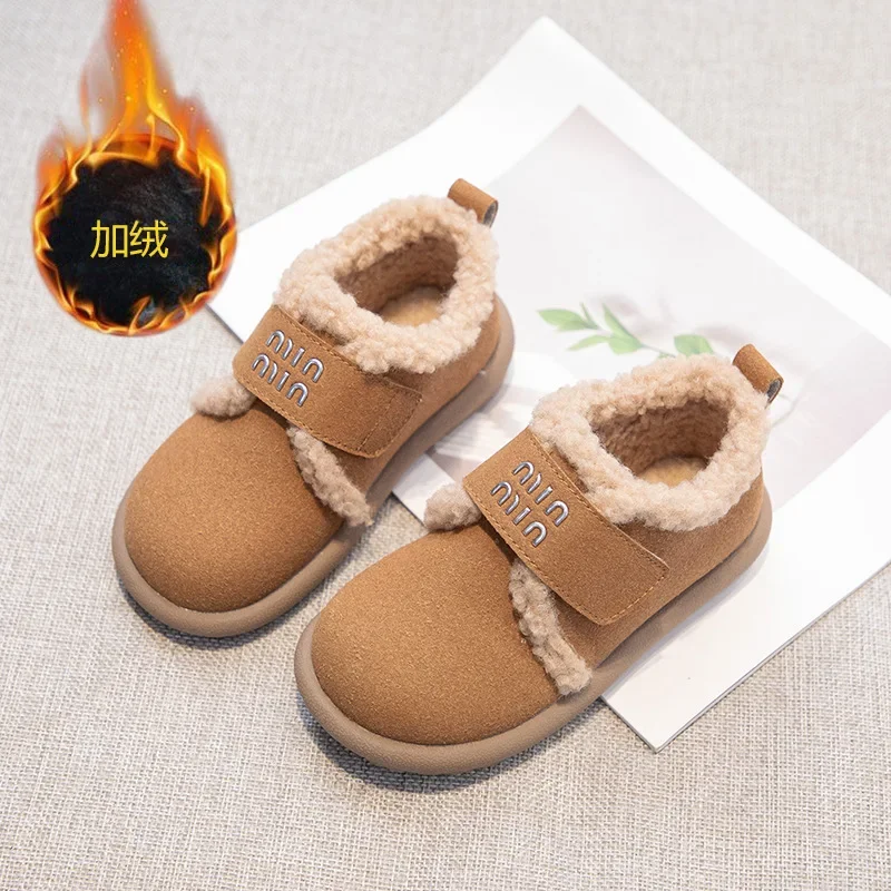 Foreign-style Letter Pattern Children's Lamb Wool Casual Small Board Shoes 2024 Winter New Warm Cotton Shoes for Boys and Girls