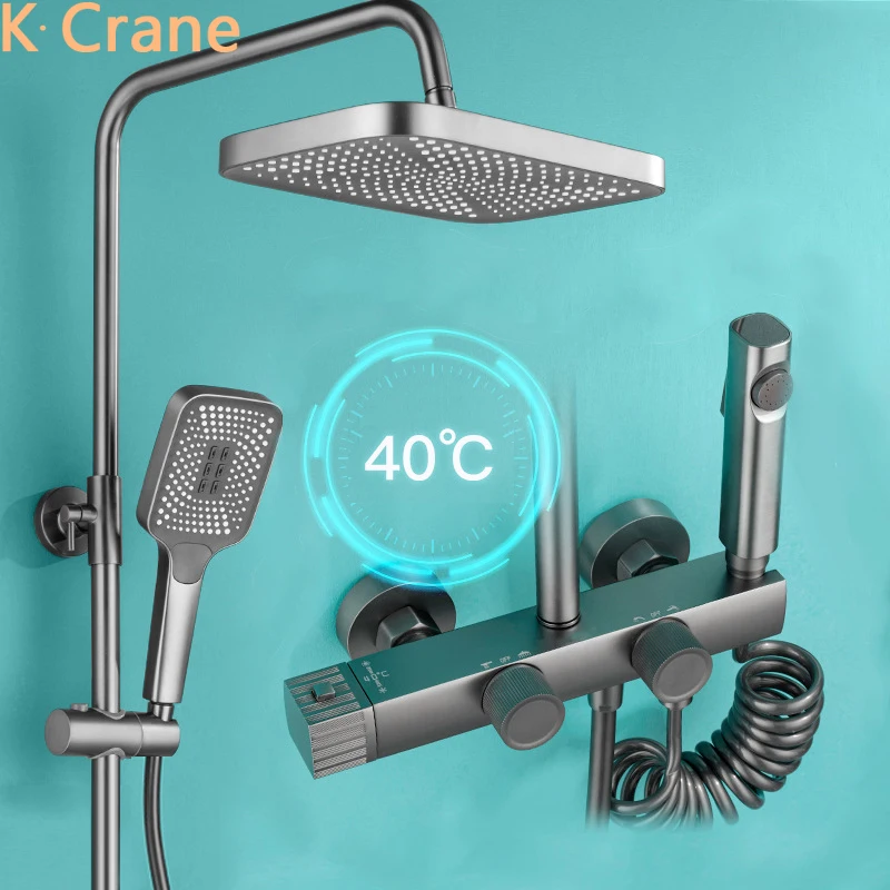 

Gun Gray Thermostatic Shower System Set Bathroom Hot Cold Mixer Bath Faucet Wall Mount SPA Rainfall Modern Luxury Rain Tap Kits