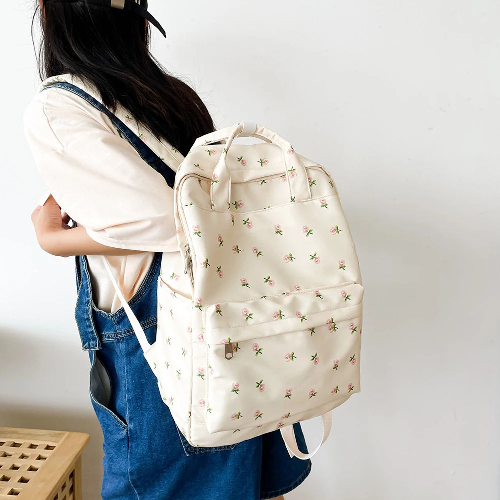 Mochila de lona de grande capacidade para mulheres, mochila floral simples, alça ajustável, casual para estudantes, bolsa diária