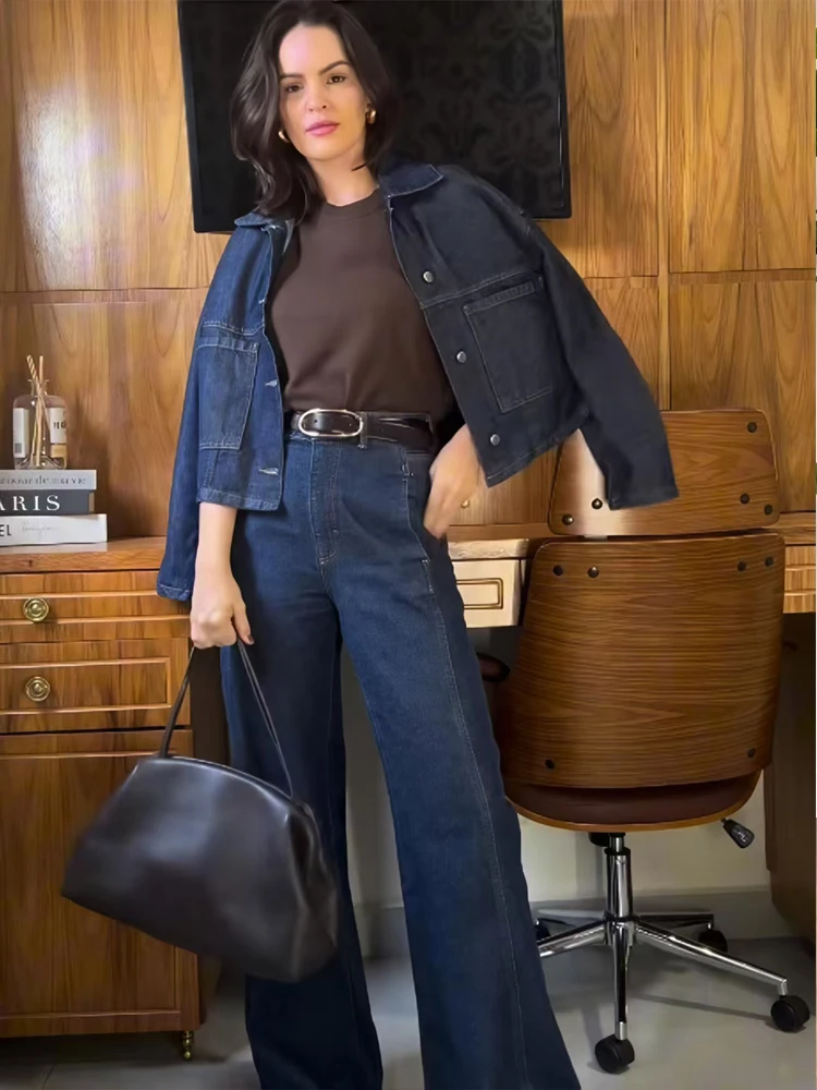HXAO Set Denim Set Jeans Wanita Denim 2 Potong Set Celana Panjang Wanita Pakaian Jalanan Pakaian Denim Dua Potong Set Jaket Atasan Denim Wanita