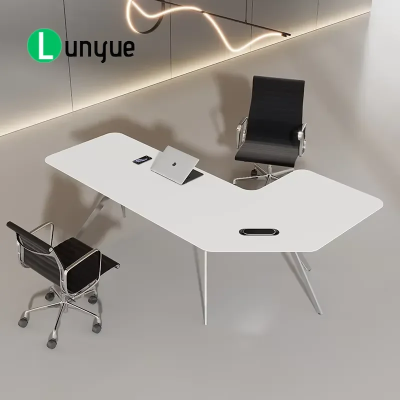 L Shaped Office Desk and Chair Set Stainless Steel Frame White Ergonomic Computer Table Modern Luxury Executive Furniture for