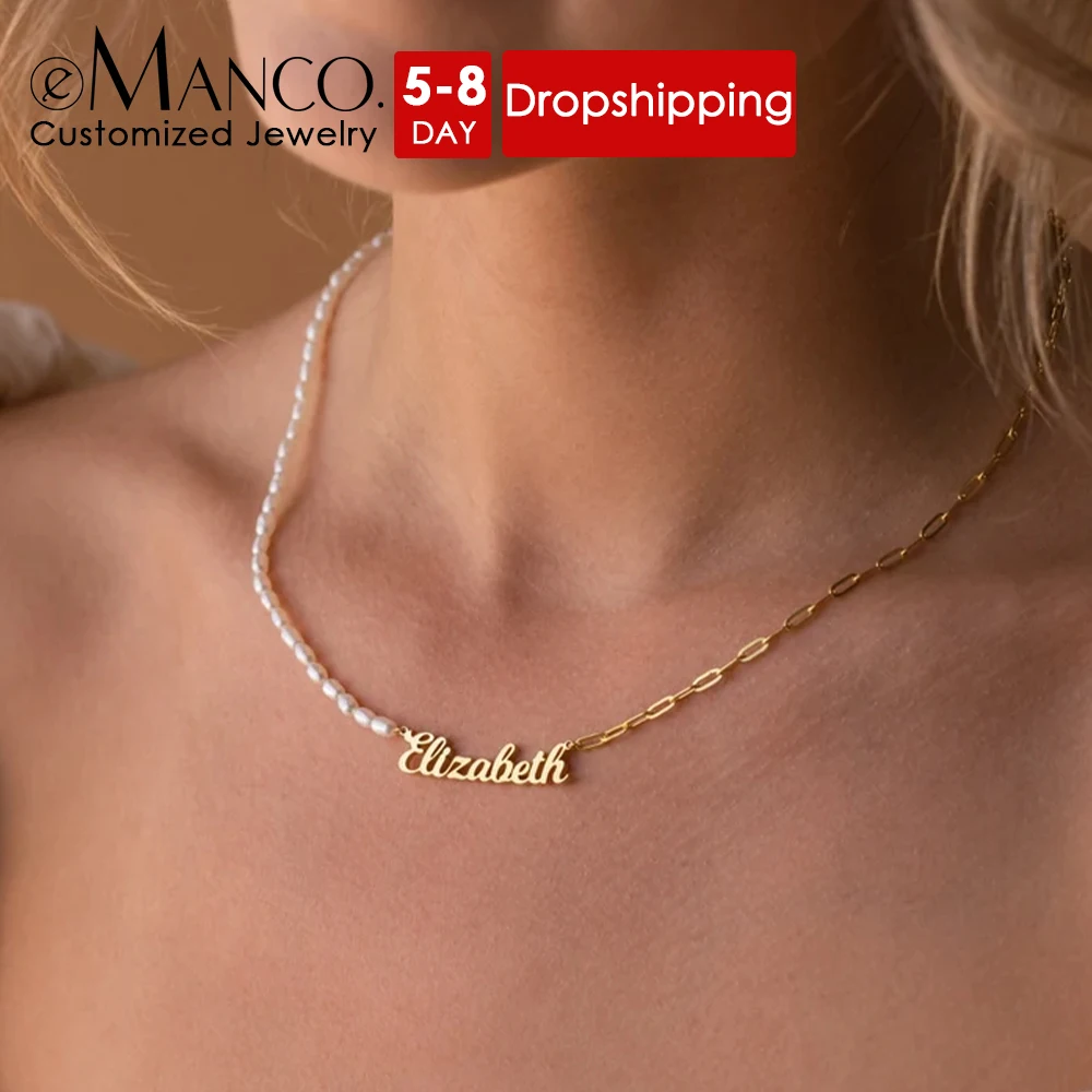 eManco Stainless Steel Paperclip Chain ,Beads Customized Name Pendant Ladies Freshwater Pearl Necklace Wholesale