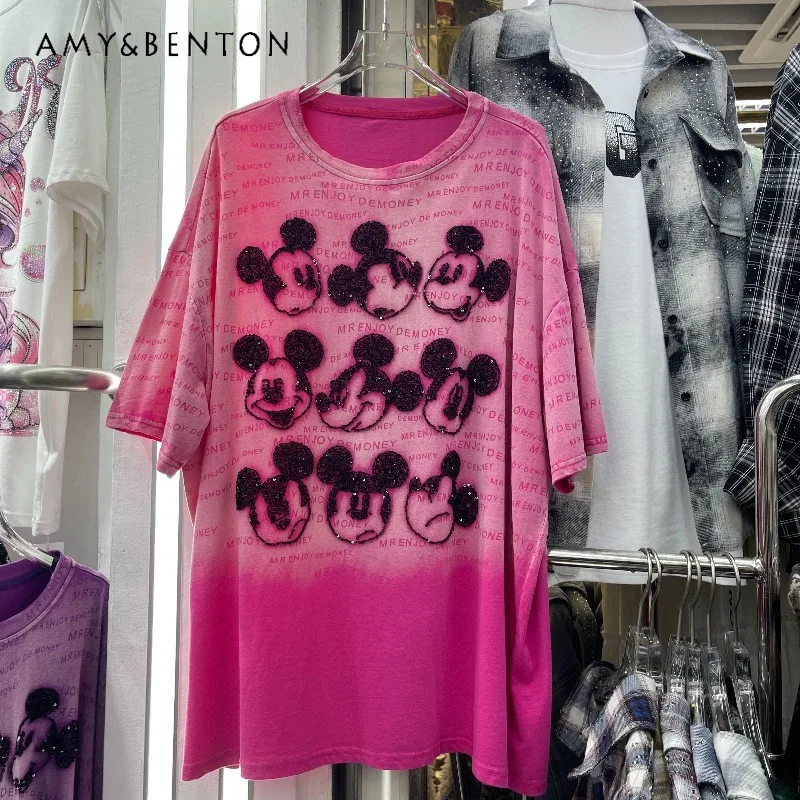 

2026 Summer New Heavy Craft Cartoon Ripped Short-sleeves T-shirt Ladies Loose Casual Versatile Top Y2k Kawaii Clothes Tshirts