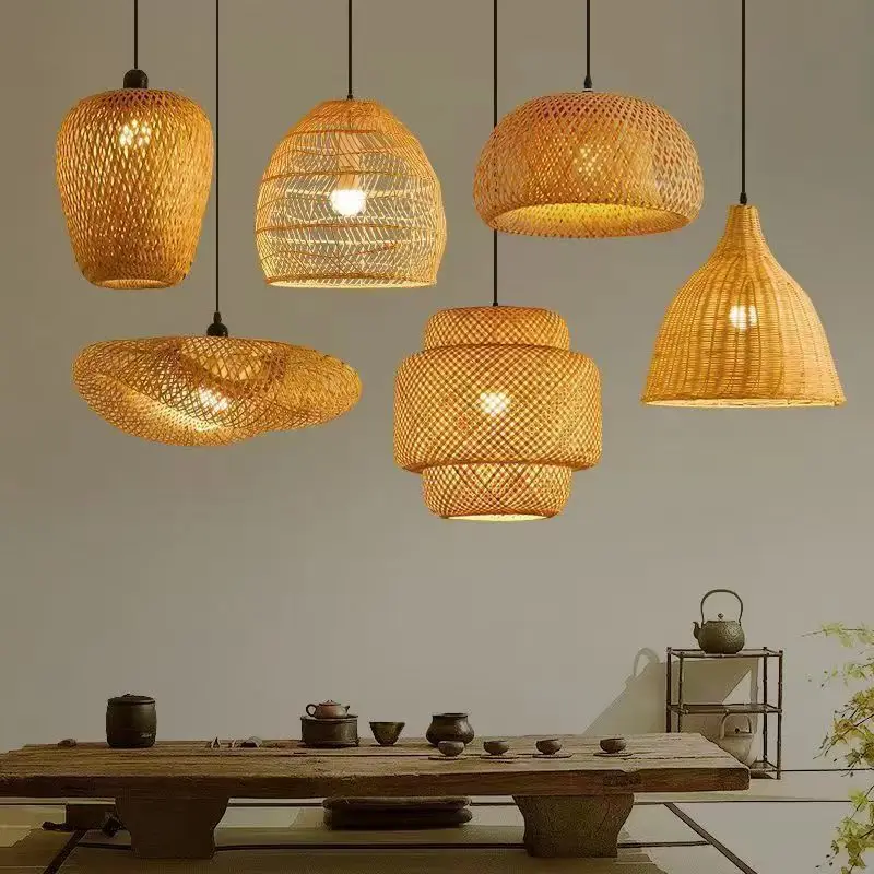 Bamboo Lantern Pendant Lamp,Retro Japanese Style E27 Chandelier Hanging Light Ceiling Lighting Fixture with 1.2m cord and Lamp