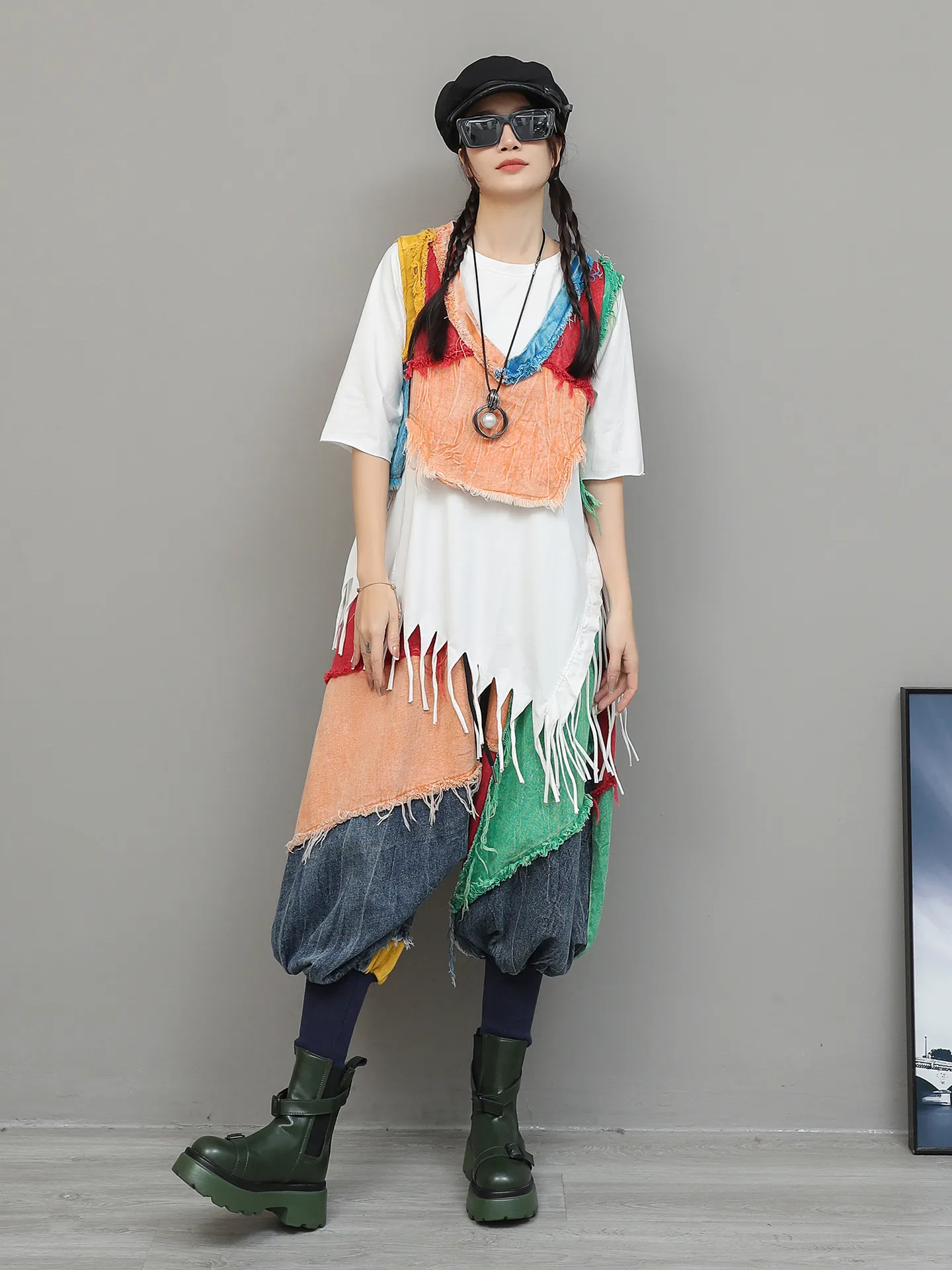 Personalized Trendy Contrasting Colors Denim Shorts Irregular Vest Cross-pants Two-piece Set 2026 Women's Spring Fashion Suit