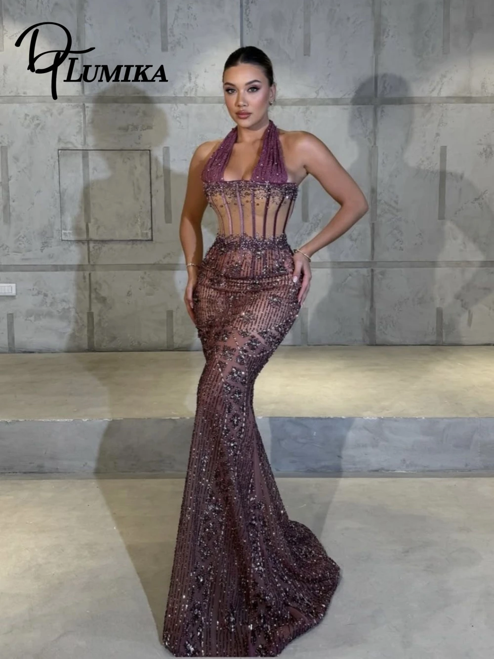 

Роскошное фиолетовое вечернее платье с бретелькой на шее русалки, потрясающее блестящее платье для выпускного вечера с кристаллами из бисера, структурированный лиф, современная банкетная одежда