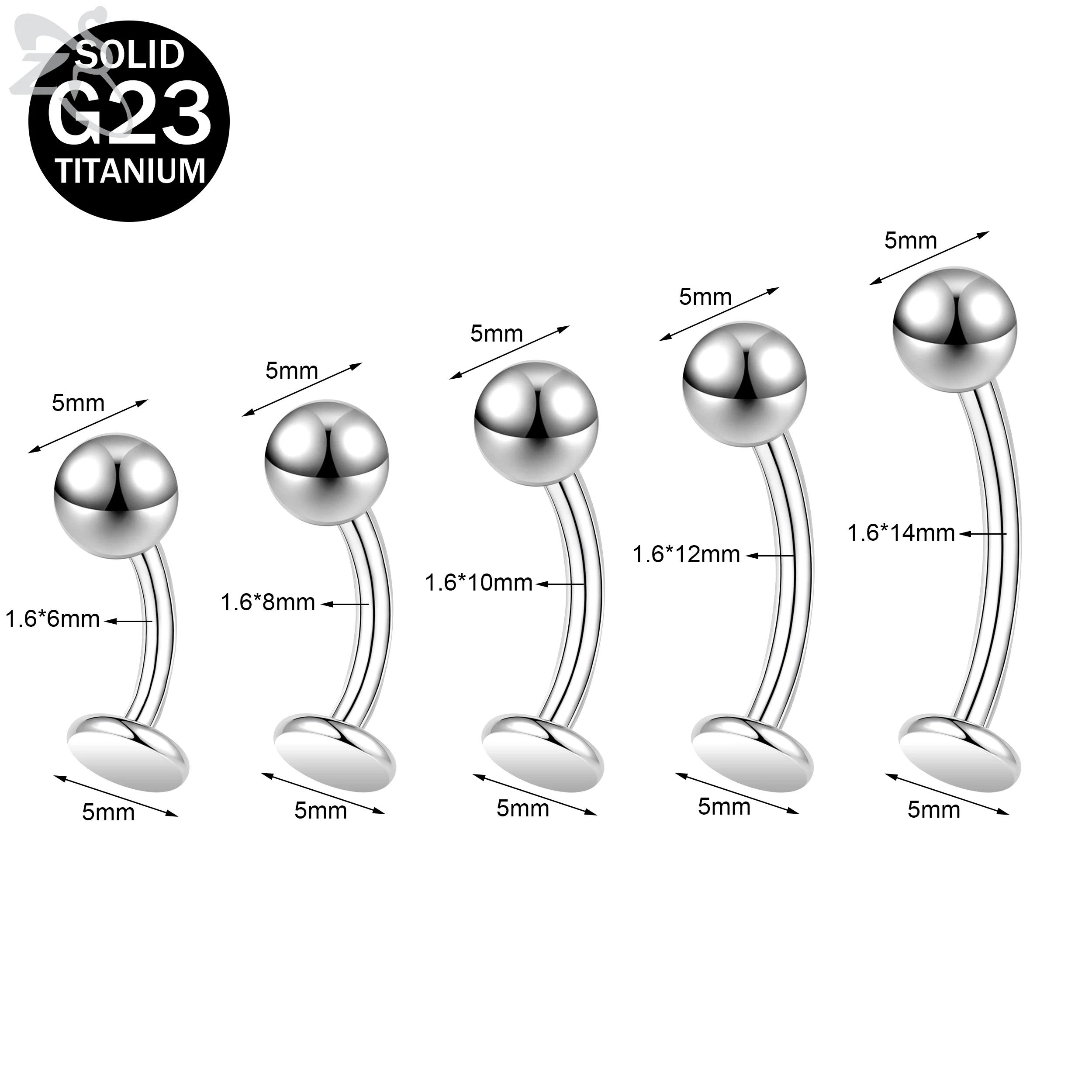 ZS 1 PC F136 G23 Titanium Steel Belly Button Ring For Men Women 14G Flat Back Navel Lip Piercing CZ Crystal Body Jewelry 6-14MM