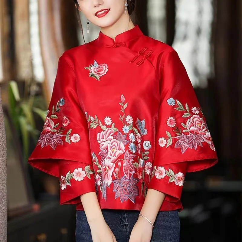 

Red Qipao Sle irt Women's Stand Collar Button up Top Chinese Traditional Design Spring Faionable Casual Wear
