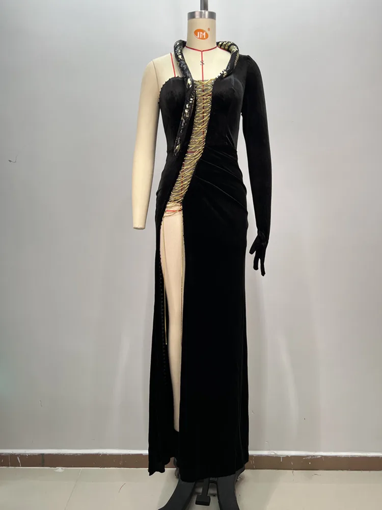 Robe longue en velours lacé pour femme, manches simples, découpe sexy, noir, maxi tambour, robe con élégante, soirée, performance sur scène, 2024