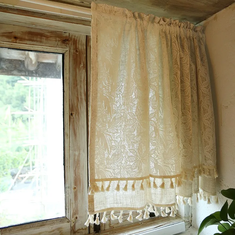 

Cotton and Linen Curtains Retro Double Layered Kitchen Cabinet Door Cafe Window Drapes Tassel Decor